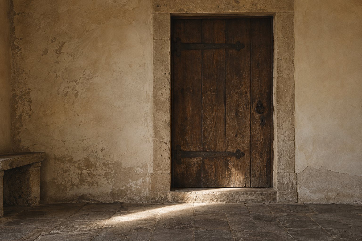 A heavy closed wooden door in pale plaster, with light falling on the threshold.