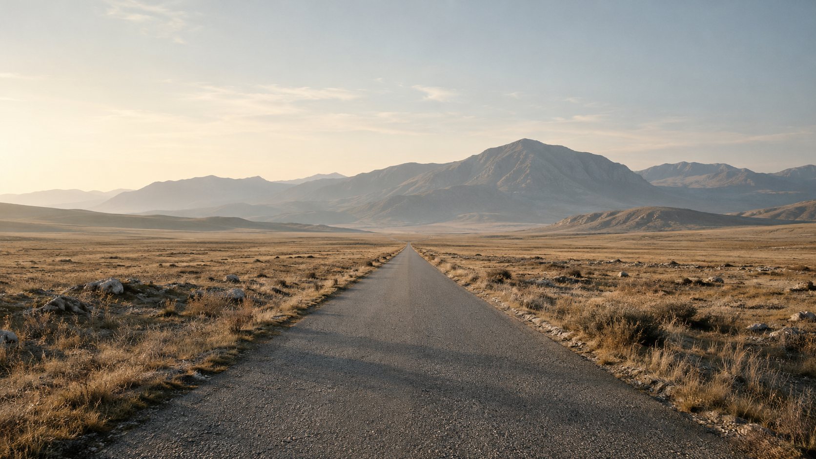 A straight road across an open landscape toward distant mountains in early morning.