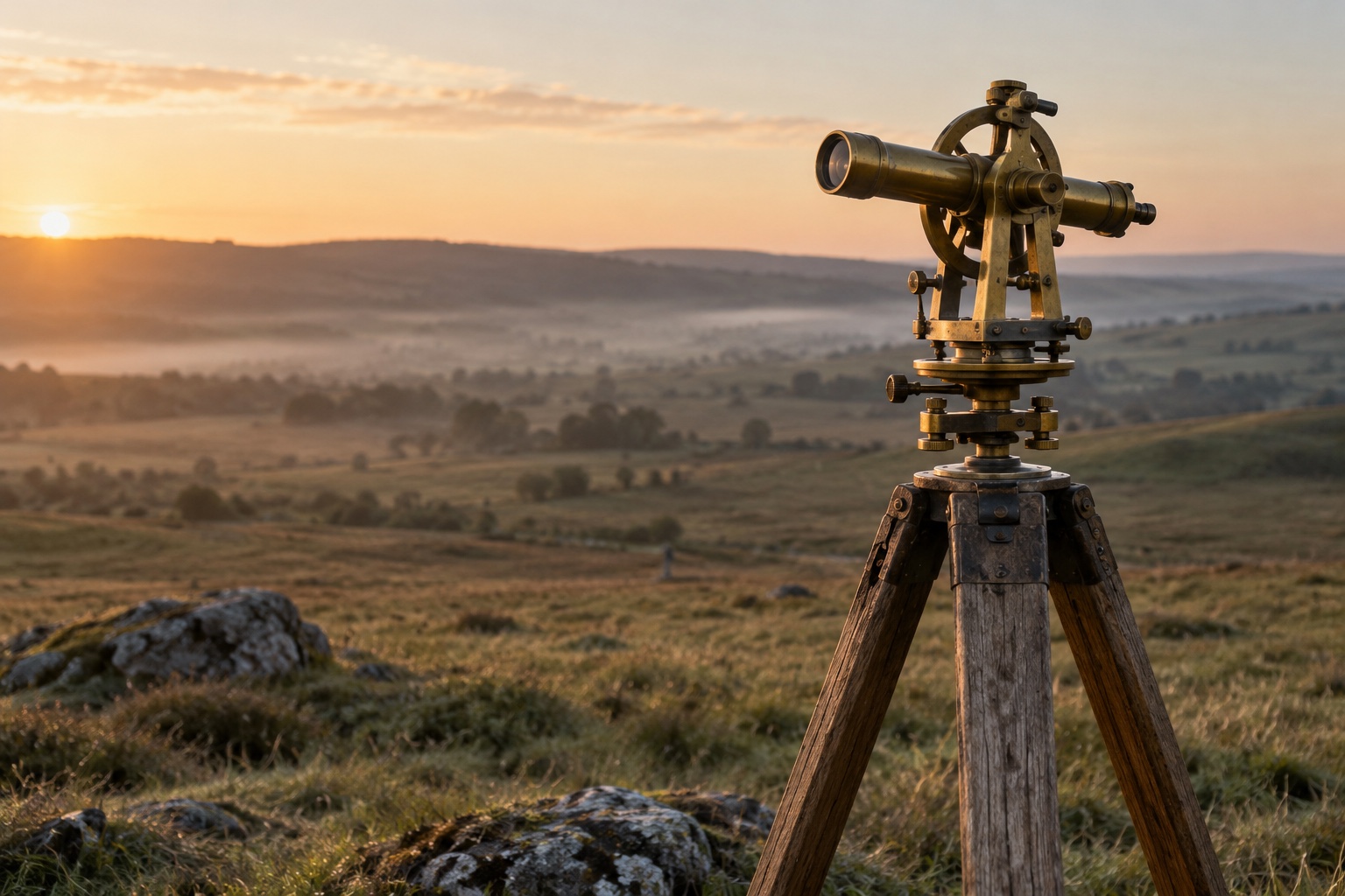 An old brass surveyor’s theodolite on a wooden tripod in an open dawn landscape.