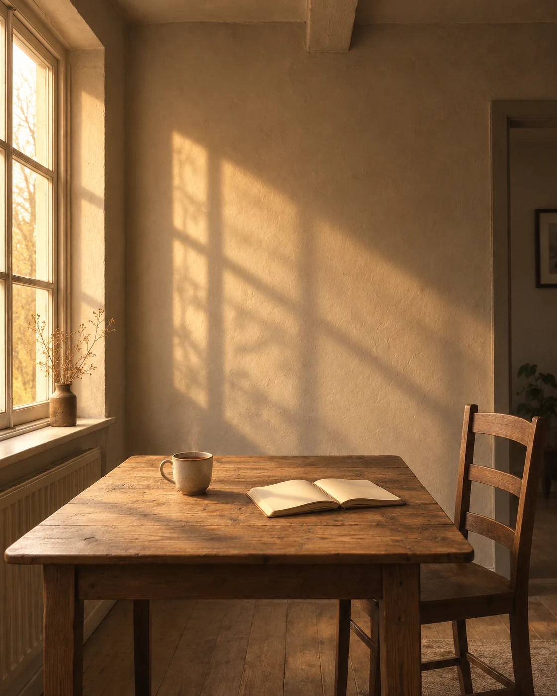 The same kitchen table in warm morning light, with tea and an open notebook.